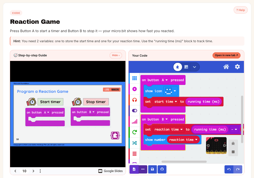 A reaction game lesson showing two variables tracking start time and reaction time in MakeCode