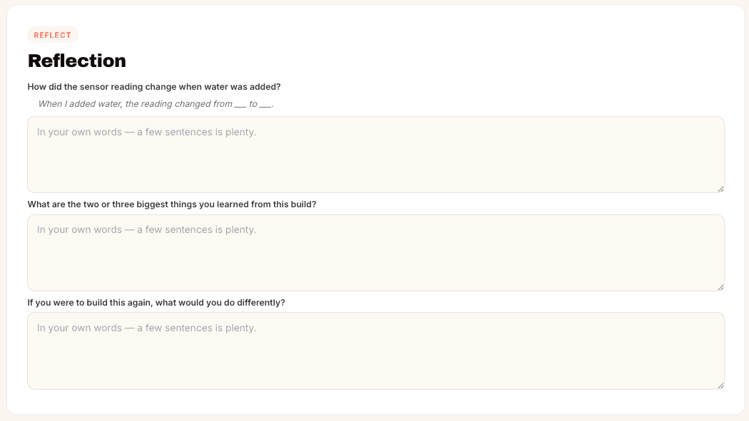 Three reflection prompts asking what changed, what was learned, and what the student would do differently