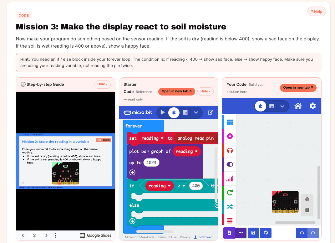 A lesson mission asking students to make the micro:bit display react to a soil moisture reading