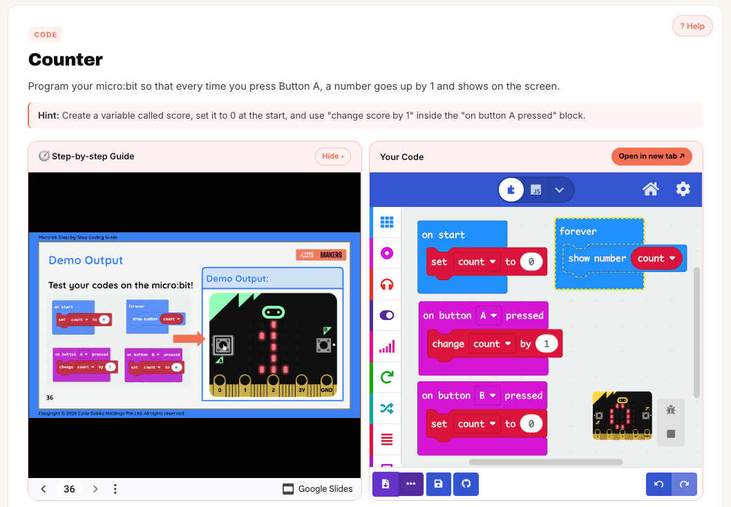 A counter lesson showing a step-by-step guide beside MakeCode blocks that add one to a variable