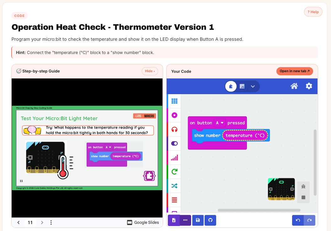 A thermometer lesson showing a step-by-step guide beside the MakeCode editor with a temperature block