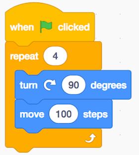 Block-based code in Scratch, showing loops and conditionals as interlocking coloured blocks