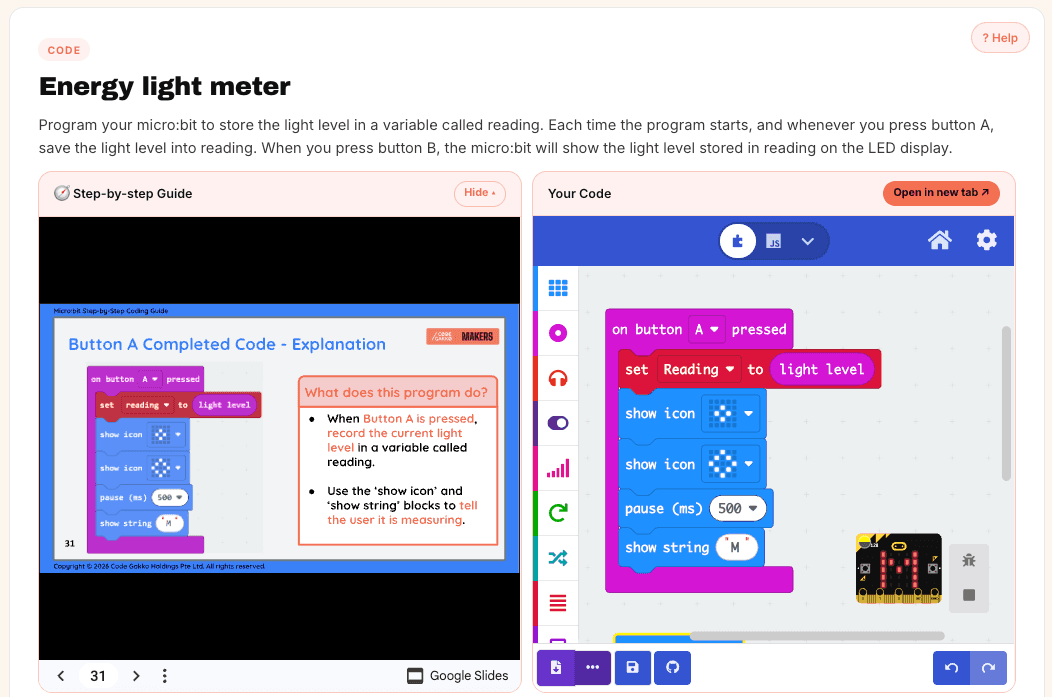 A micro:bit light meter lesson with a step-by-step guide beside the MakeCode editor