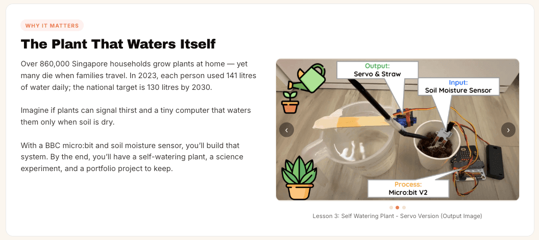 A self-watering plant lesson showing a micro:bit, soil moisture sensor and water pump