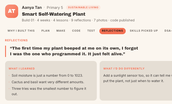 A student portfolio entry for a self-watering plant, showing their own written reflections