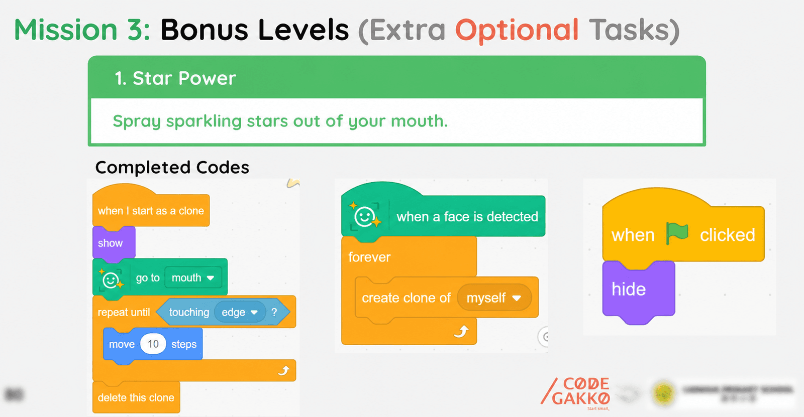 Scratch blocks for a bonus level: clone, face detection and movement scripts side by side